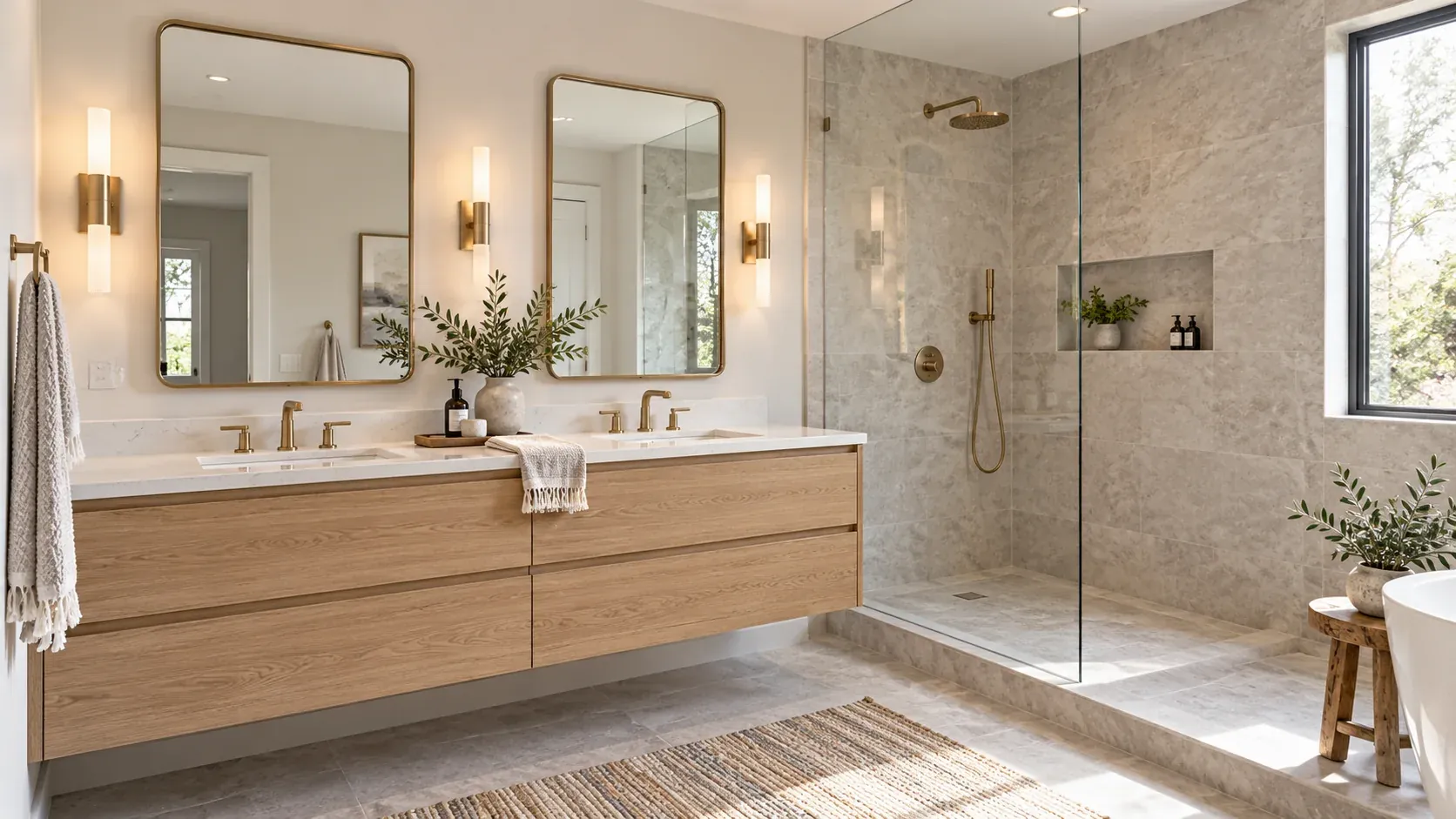 Bright bathroom with an oak double vanity, stone tile and a glass shower