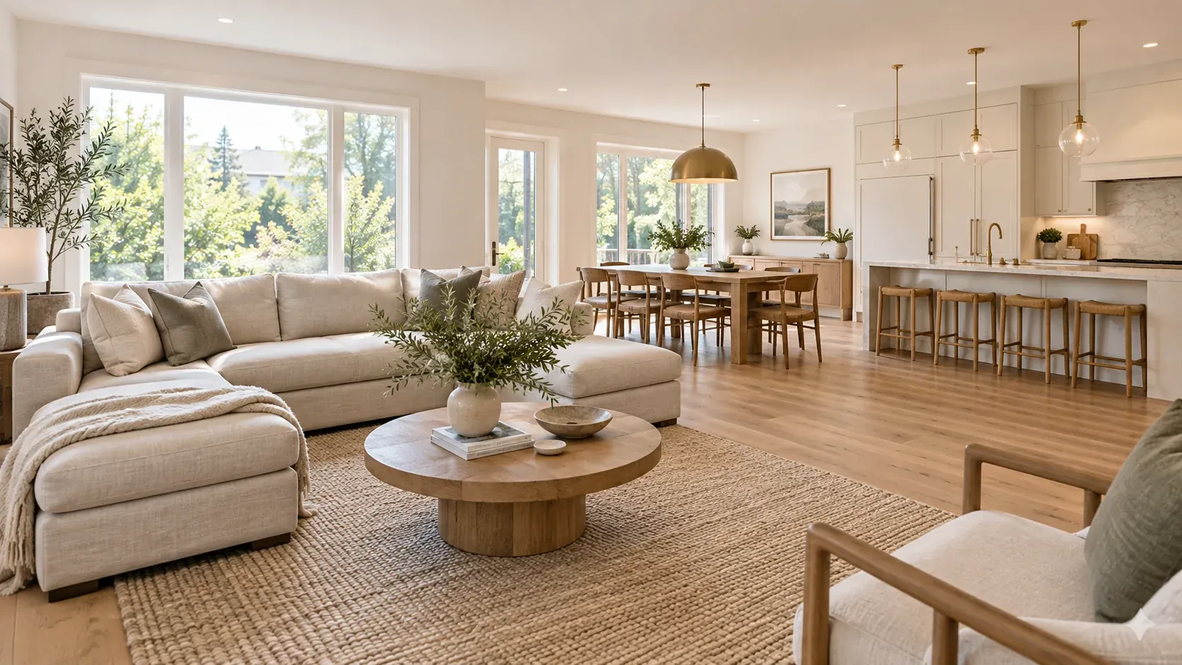 Open-plan living, dining and kitchen space with oak flooring and natural light
