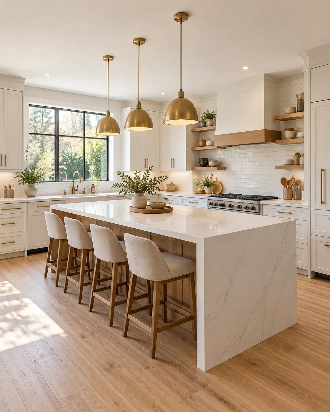 Sunlit kitchen with white cabinetry, an oak island and brass fittings