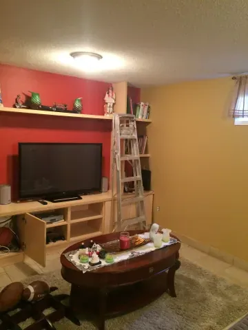 Basement living area with built-in shelving