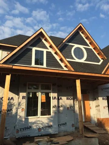 Exterior walls and gable detailing during construction