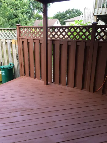 Deck boards and railing at the outdoor seating area
