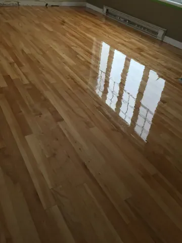 Refinished timber floor reflecting light from the window